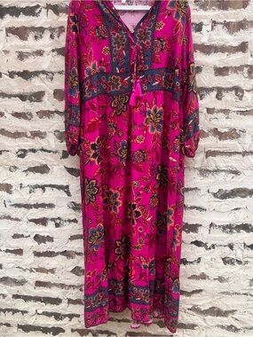 easel Pink Floral Maxi Dress with Multicolor Border